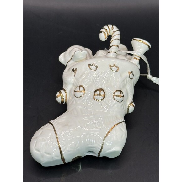 White Porcelain Christmas Stocking Ornament With Gold Accents - Picture 4 of 6